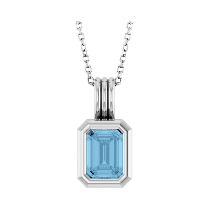 14K White Gold emerald-cut london blue topaz necklace, bezel-set with a ribbed bail