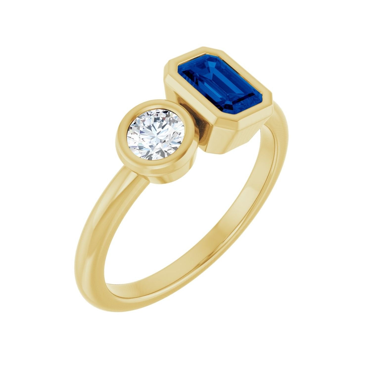 emerald-cut lab-grown blue sapphire ring in 14k Yellow Gold