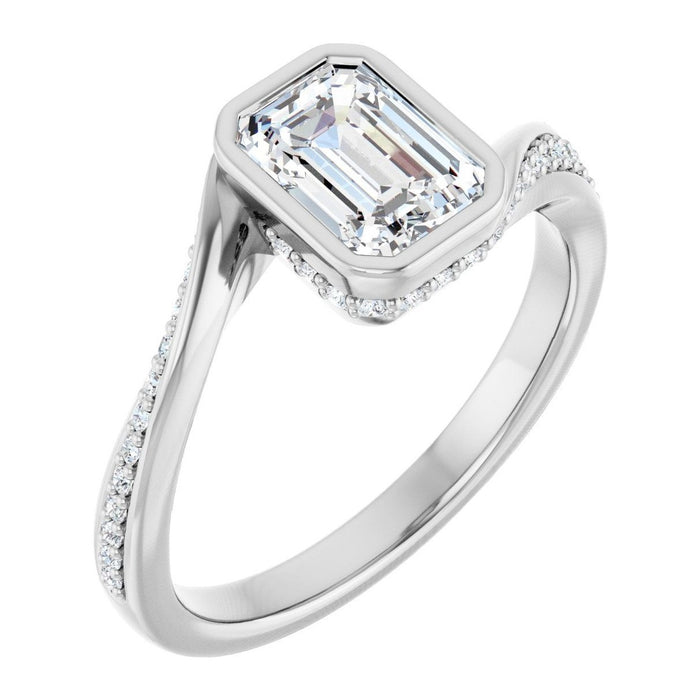 Emerald-Cut Lab-Grown Diamond Bezel Bypass Pavé engagement ring in 14K White Gold, shown with a 1.10 ct center