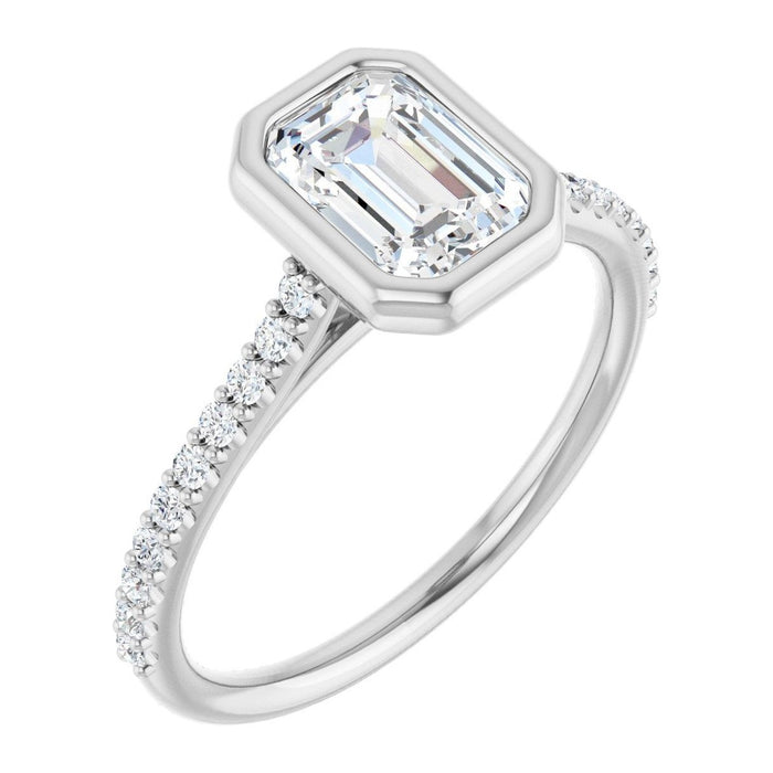 Emerald-Cut Lab-Grown Diamond Bezel-Set Pavé Solitaire engagement ring in 14K White Gold, shown with a 1.10 ct center