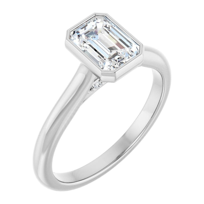 Emerald-Cut Lab-Grown Diamond Bezel-Set Solitaire engagement ring in 14K White Gold, shown with a 1.10 ct center