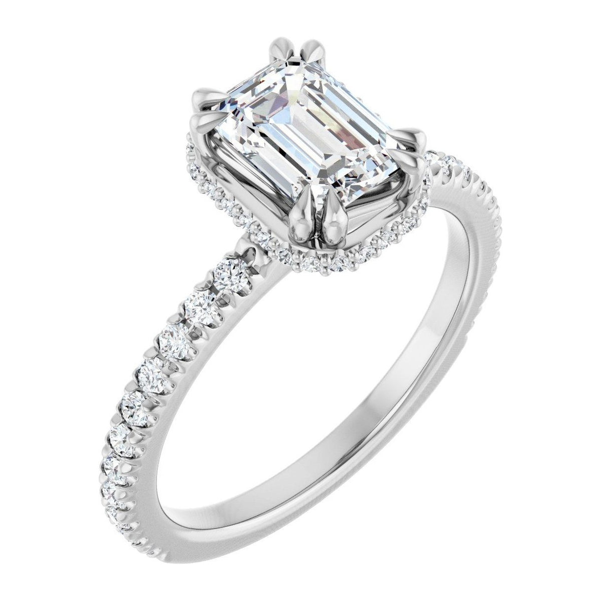 Emerald-Cut Lab-Grown Diamond Double-Claw Hidden-Halo Pavé engagement ring in 14K White Gold, shown with a 1.10 ct center