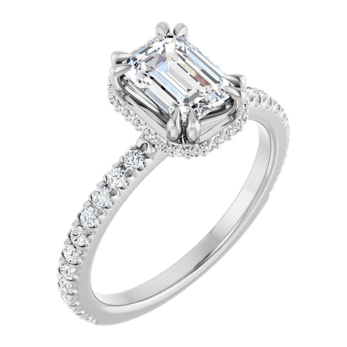 Emerald-Cut Lab-Grown Diamond Double-Claw Hidden-Halo Pavé engagement ring in 14K White Gold, shown with a 1.10 ct center