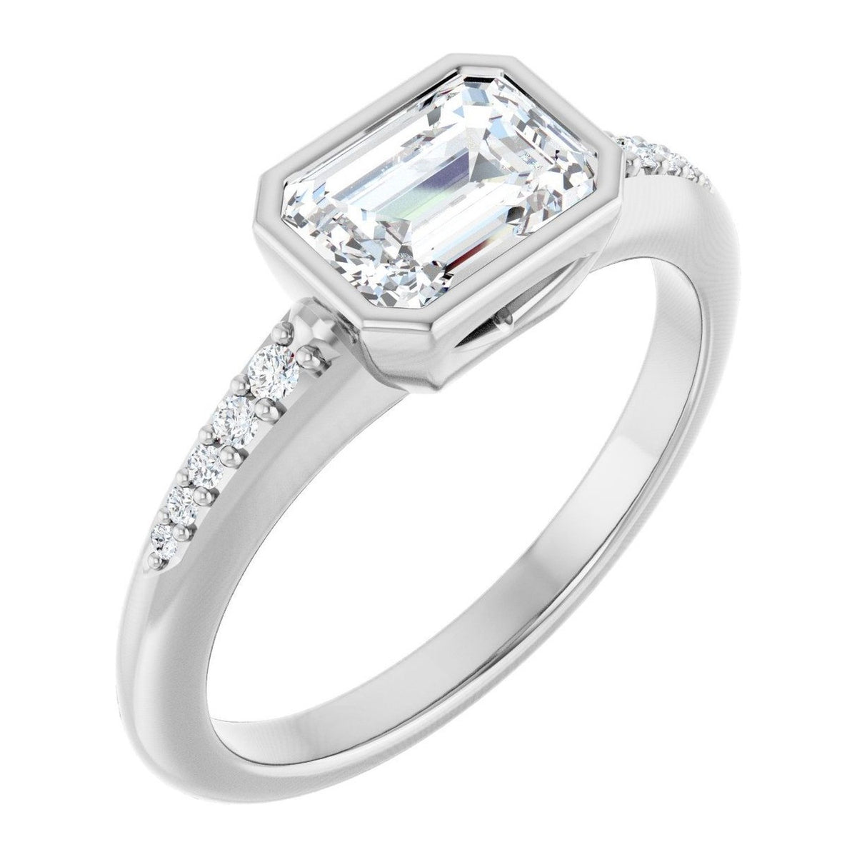 Emerald-Cut Lab-Grown Diamond East-West Bezel Solitaire engagement ring in 14K White Gold, shown with a 1.10 ct center