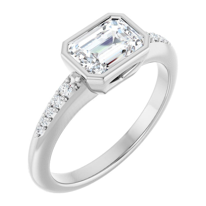 Emerald-Cut Lab-Grown Diamond East-West Bezel Solitaire engagement ring in 14K White Gold, shown with a 1.10 ct center