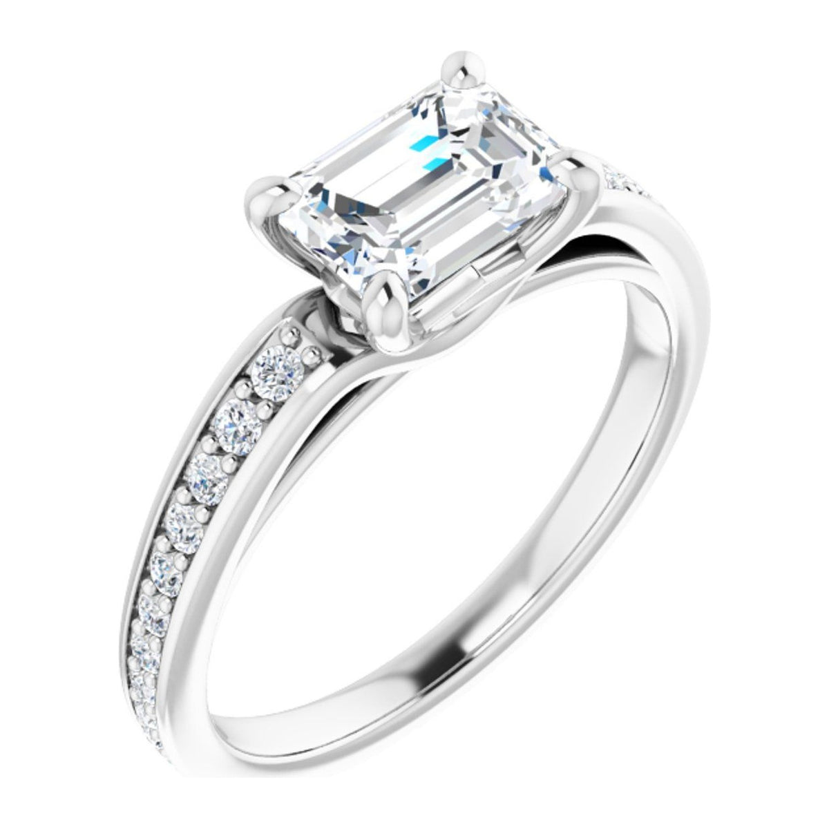 Emerald-Cut Lab-Grown Diamond East-West Cathedral Pavé Solitaire engagement ring in 14K White Gold, shown with a 1.10 ct center