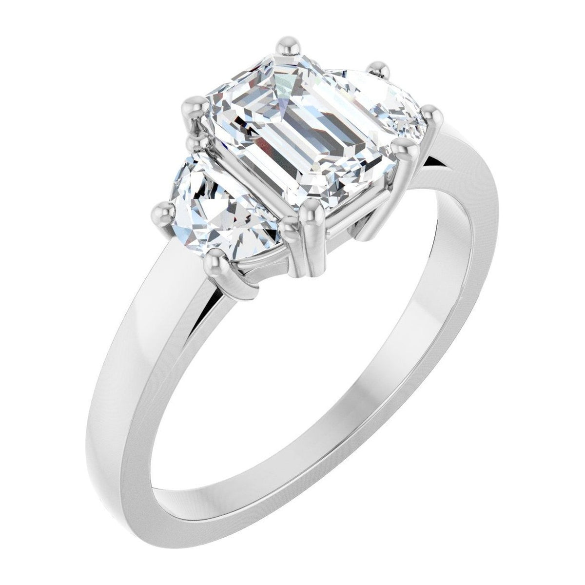 Emerald-Cut Lab-Grown Diamond Half-Moon Three-Stone engagement ring in 14K White Gold, shown with a 1.10 ct center