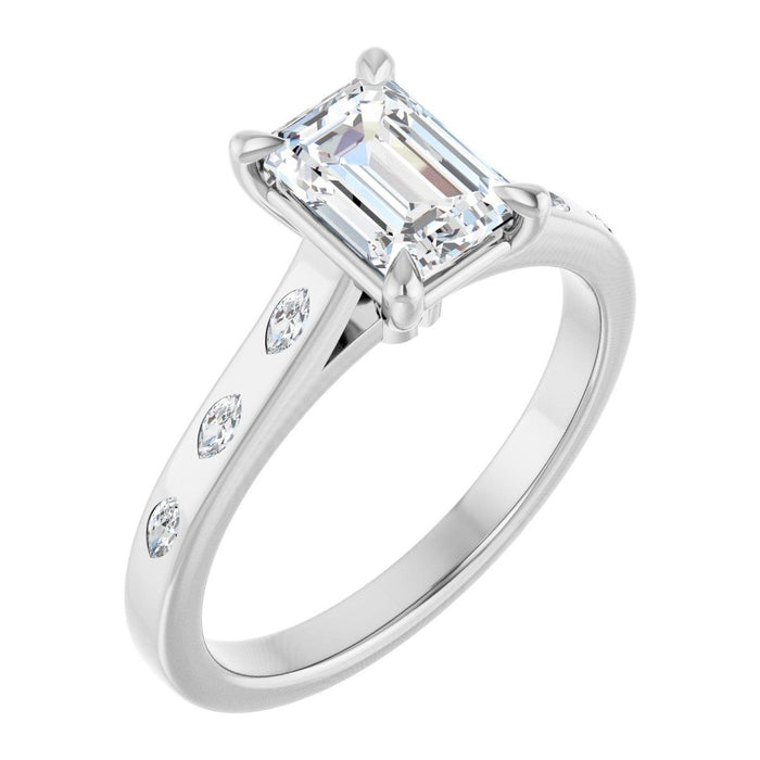 Emerald-Cut Lab-Grown Diamond Marquise-Accent Solitaire engagement ring in 14K White Gold, shown with a 1.10 ct center