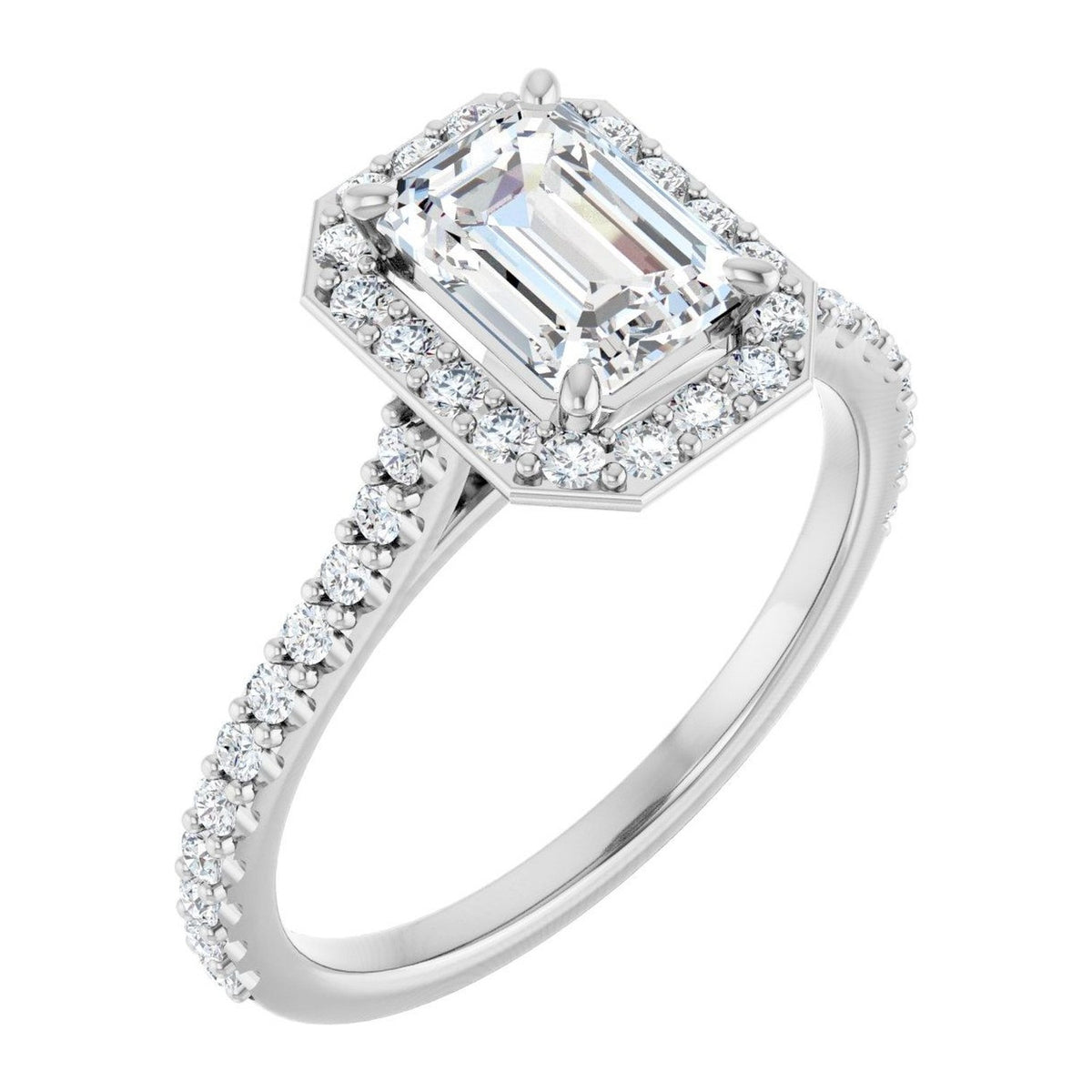 Emerald-Cut Lab-Grown Diamond Pavé Halo engagement ring in 14K White Gold, shown with a 1.10 ct center