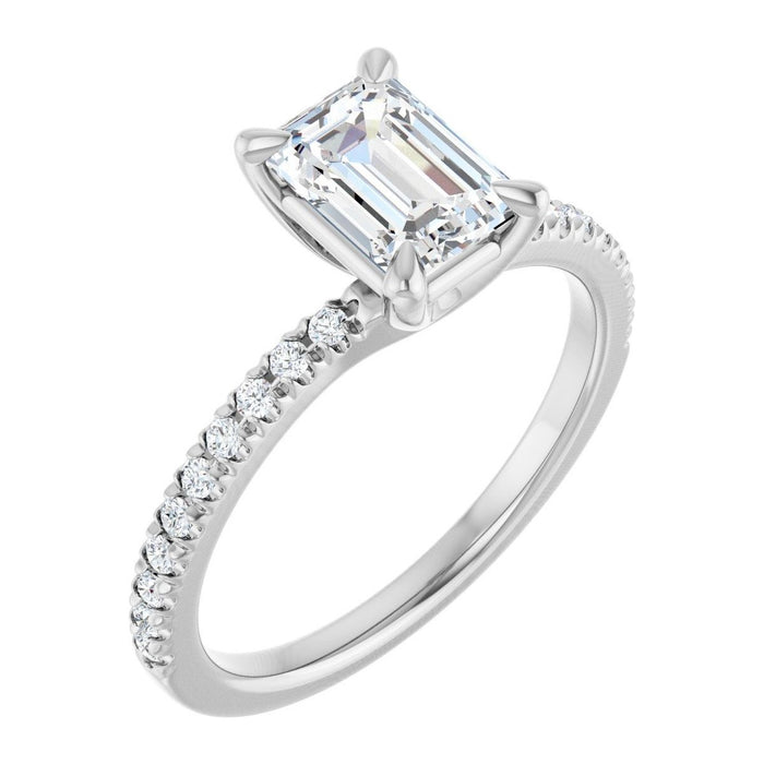 Emerald-Cut Lab-Grown Diamond Petite Pavé Solitaire engagement ring in 14K White Gold, shown with a 1.10 ct center