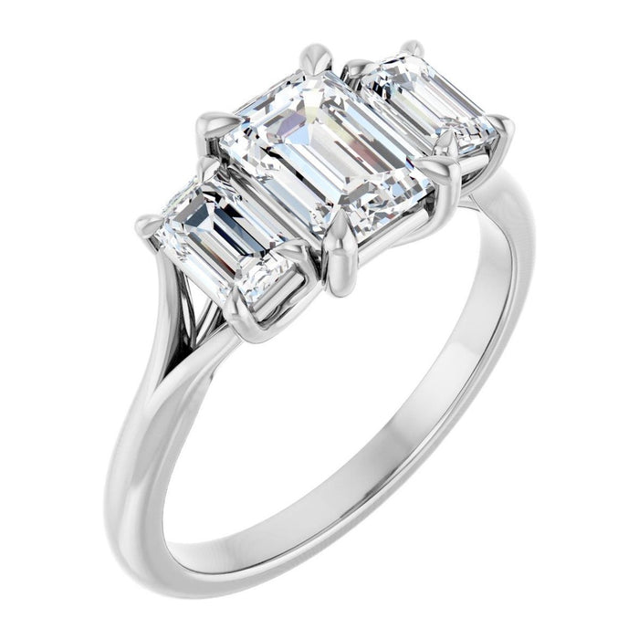 Emerald-Cut Lab-Grown Diamond Step-Cut Three-Stone engagement ring in 14K White Gold, shown with a 1.10 ct center