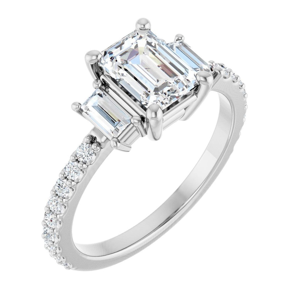 Emerald-Cut Lab-Grown Diamond Straight-Baguette Three-Stone engagement ring in 14K White Gold, shown with a 1.10 ct center