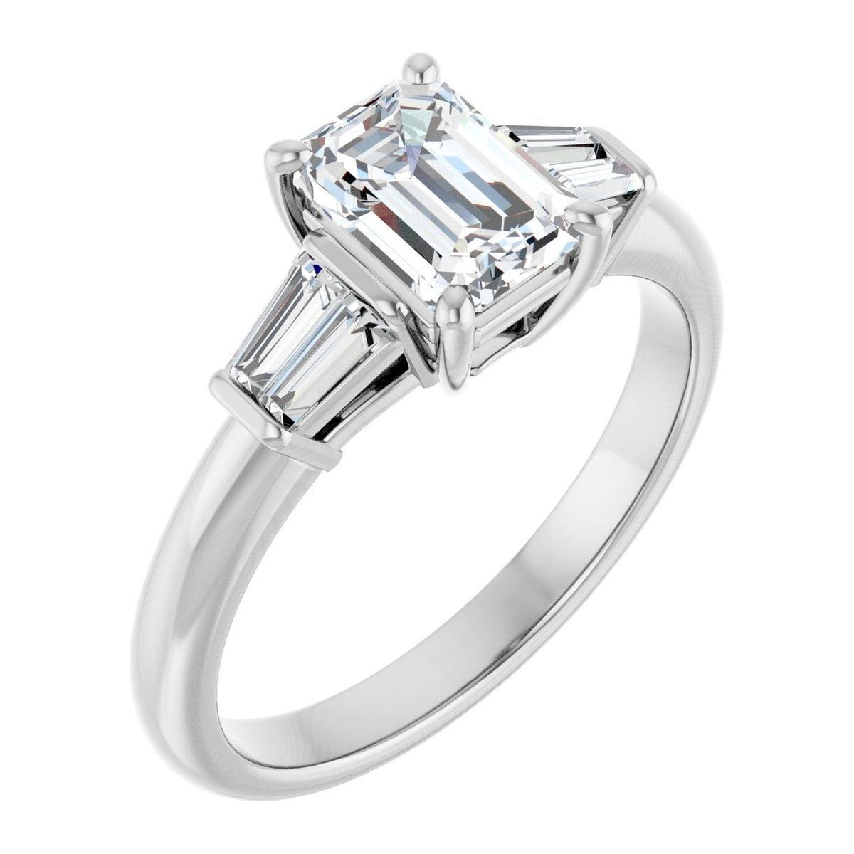 Emerald-Cut Lab-Grown Diamond Tapered-Baguette Three-Stone engagement ring in 14K White Gold, shown with a 1.10 ct center