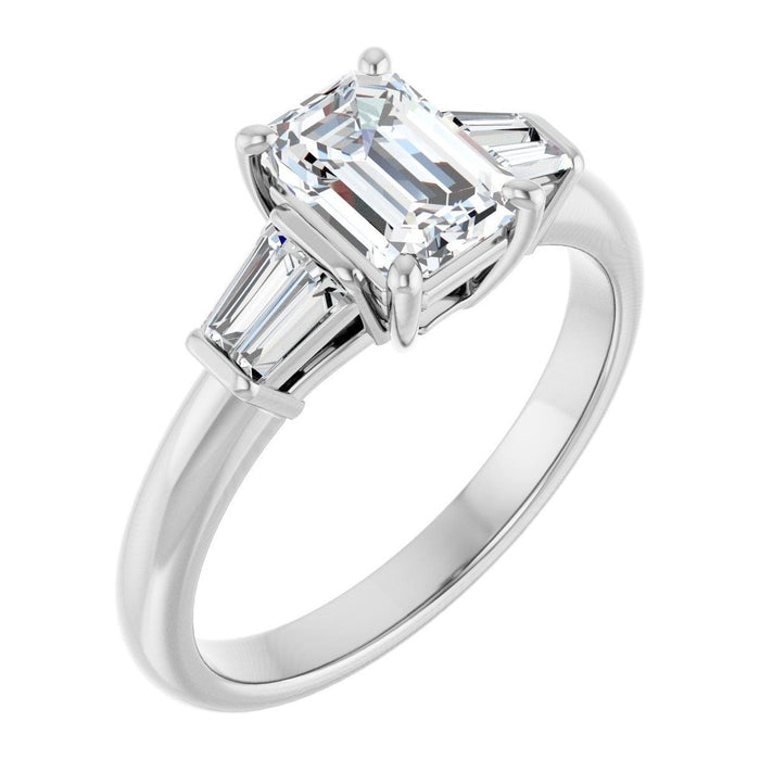 Emerald-Cut Lab-Grown Diamond Tapered-Baguette Three-Stone engagement ring in 14K White Gold, shown with a 1.10 ct center