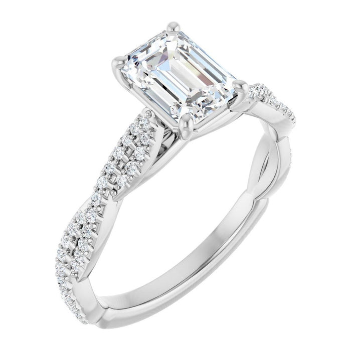 Emerald-Cut Lab-Grown Diamond Twisted Vine Pavé Solitaire engagement ring in 14K White Gold, shown with a 1.10 ct center