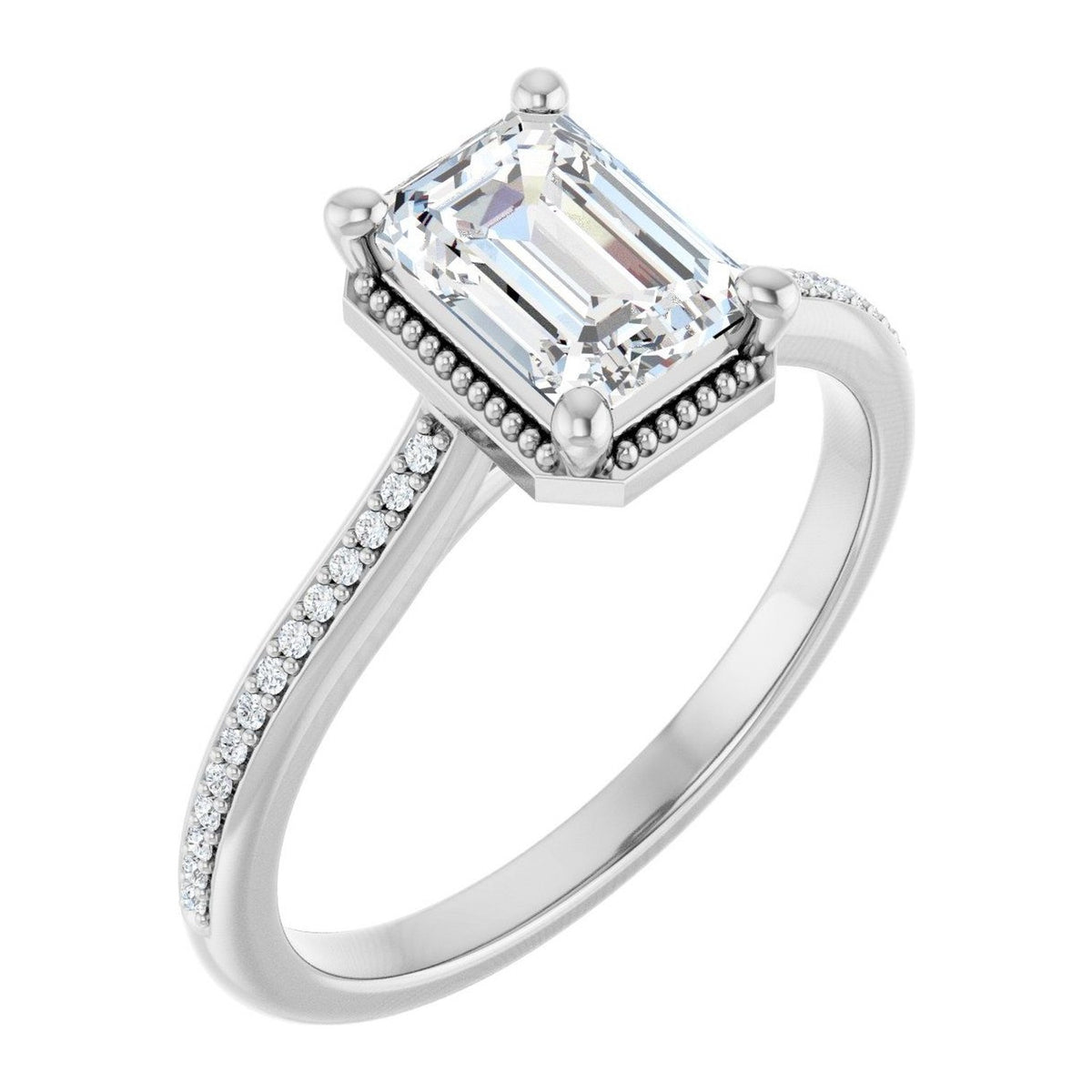 Emerald-Cut Lab-Grown Diamond Vintage Milgrain Solitaire engagement ring in 14K White Gold, shown with a 1.10 ct center
