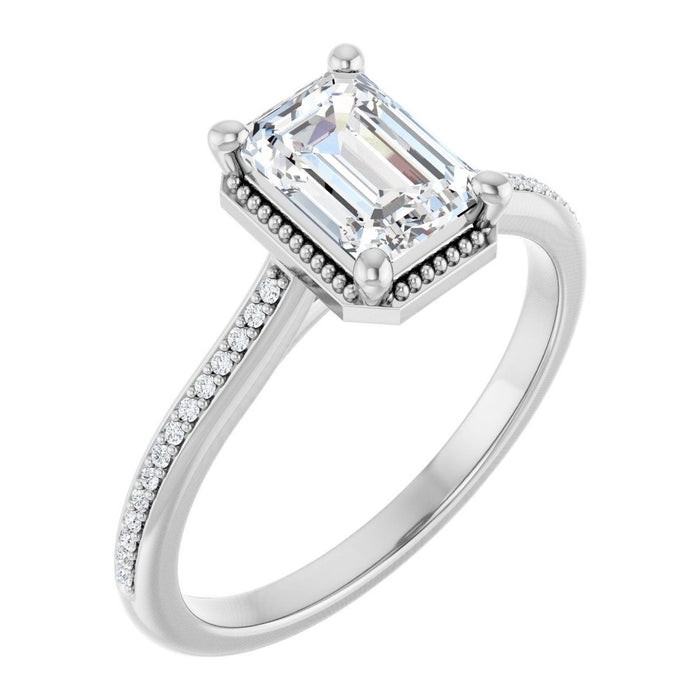 Emerald-Cut Lab-Grown Diamond Vintage Milgrain Solitaire engagement ring in 14K White Gold, shown with a 1.10 ct center