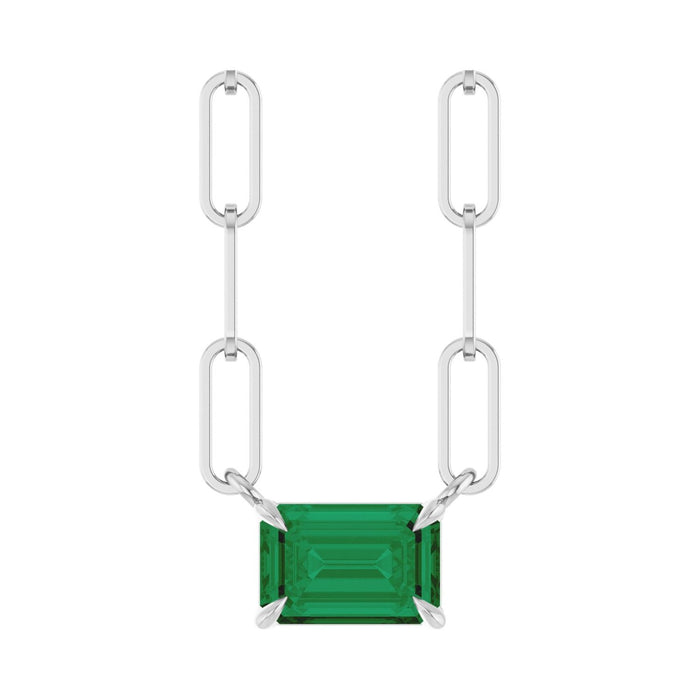 14K White Gold emerald-cut lab-grown emerald solitaire necklace