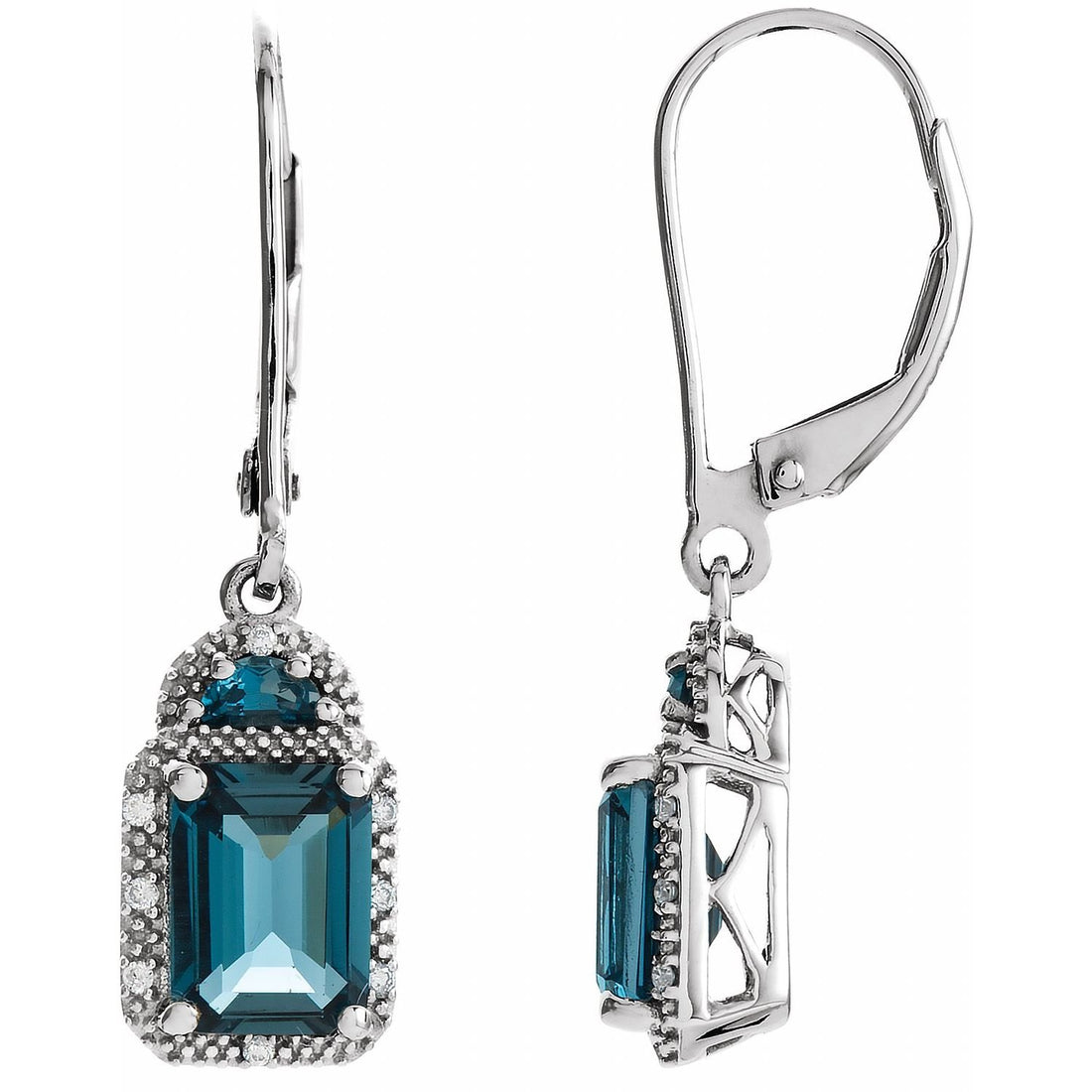 emerald-cut london blue topaz earrings in 14k White Gold