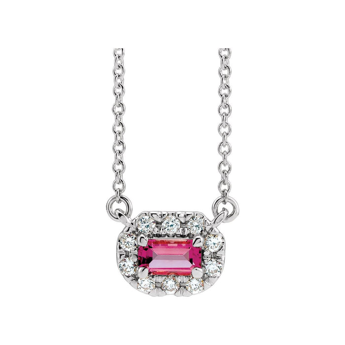 Emerald-Cut Pink Tourmaline and Diamond Halo Necklace in 14K White Gold on a 16 or 18 inch gold cable chain