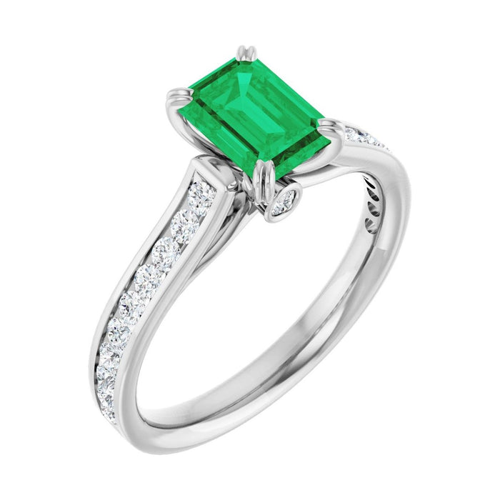 Emerald 1 ct emerald 14K White Gold cathedral pavé engagement ring