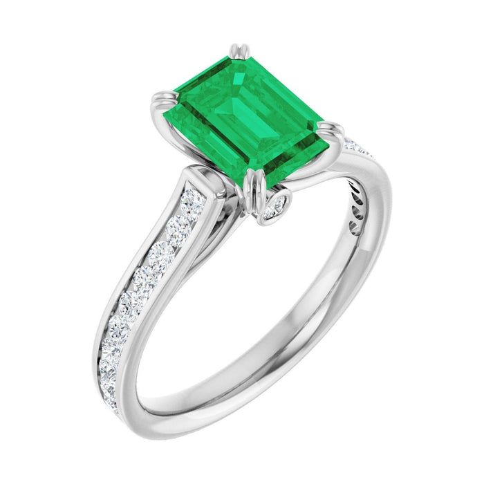 Emerald 1 ct emerald 14K White Gold cathedral pavé engagement ring