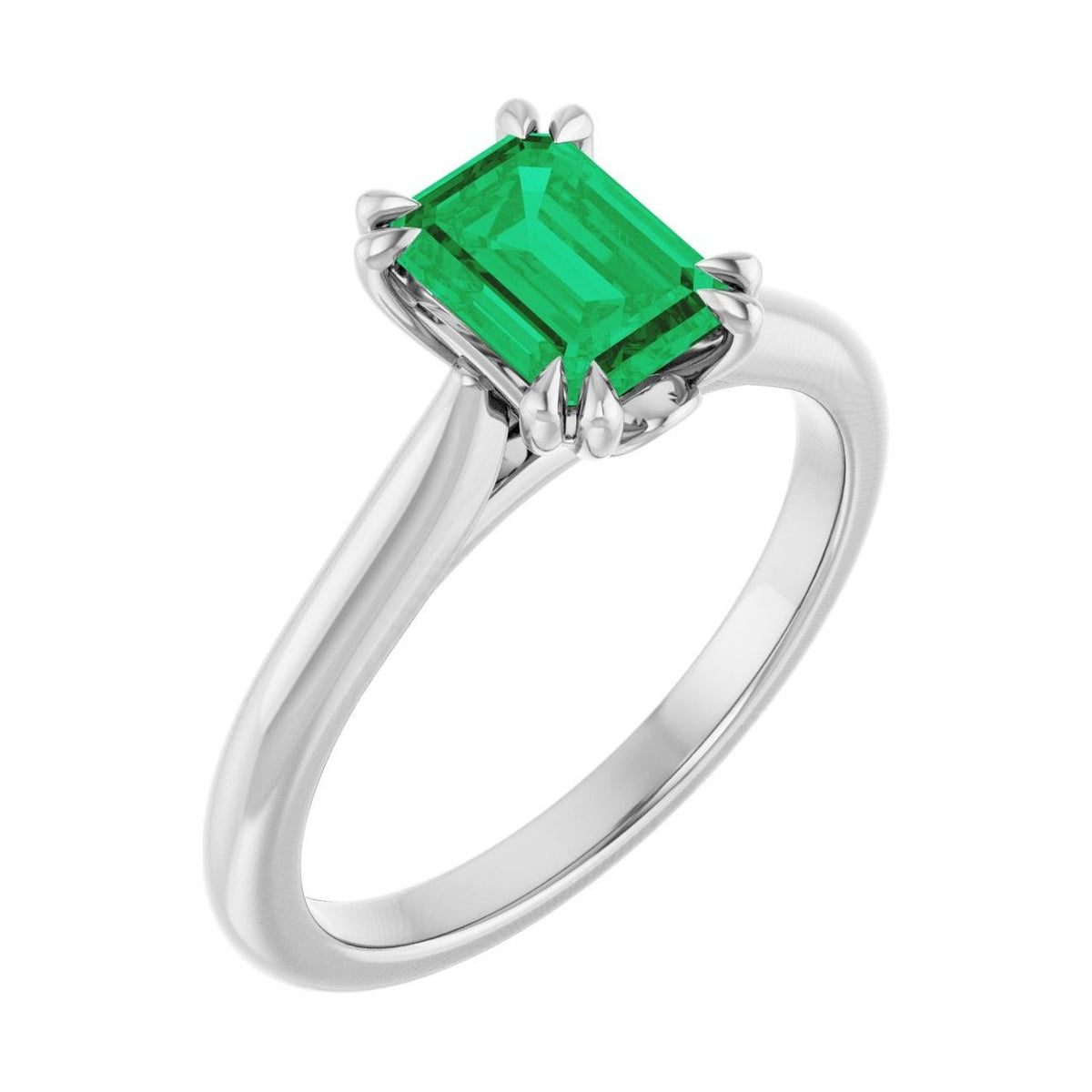 Emerald 1 ct emerald 14K White Gold double claw-prong solitaire engagement ring