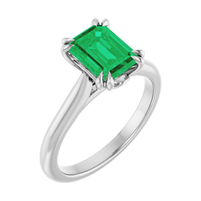 Emerald 1 ct emerald 14K White Gold double claw-prong solitaire engagement ring