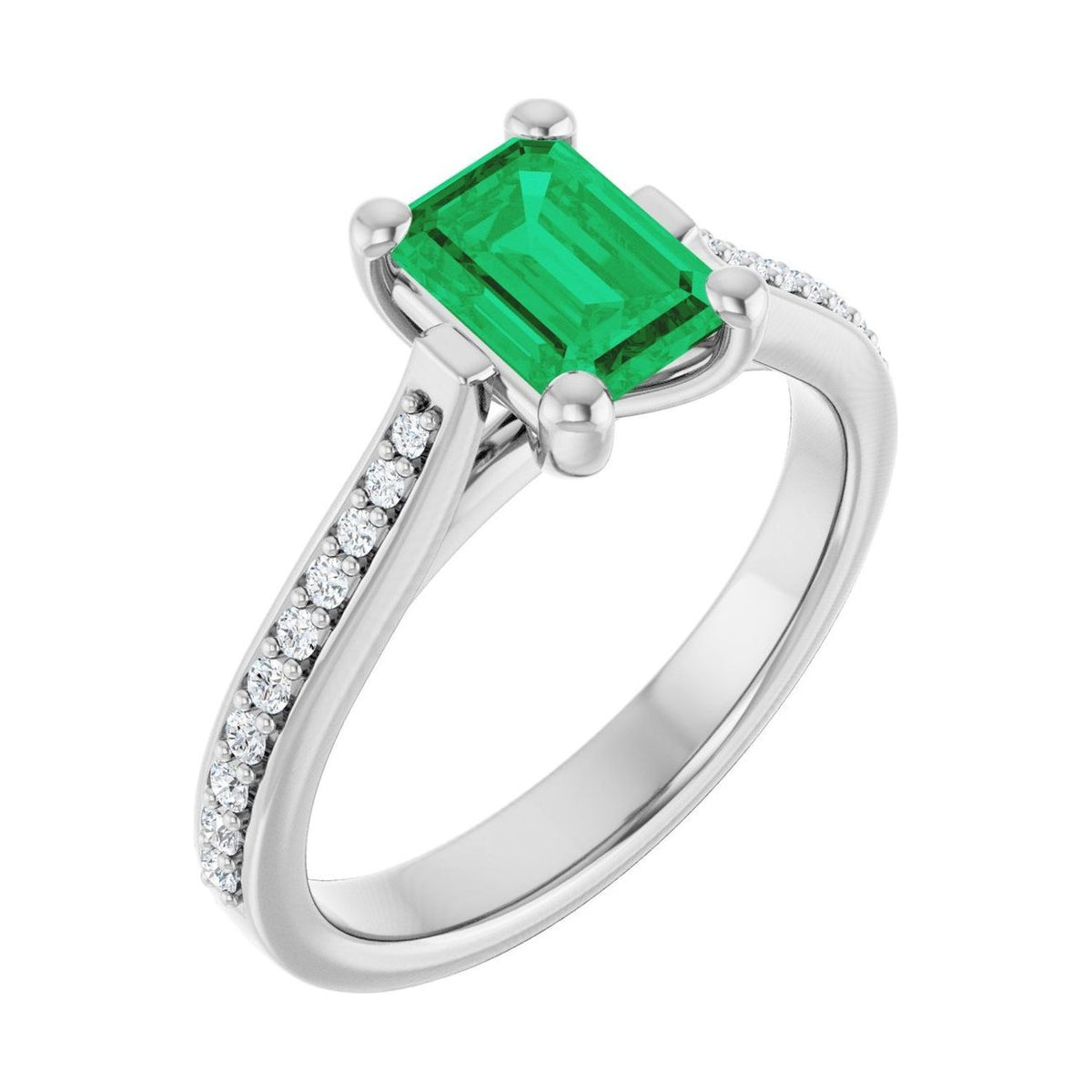 Emerald 1 ct emerald 14K White Gold french pavé solitaire engagement ring