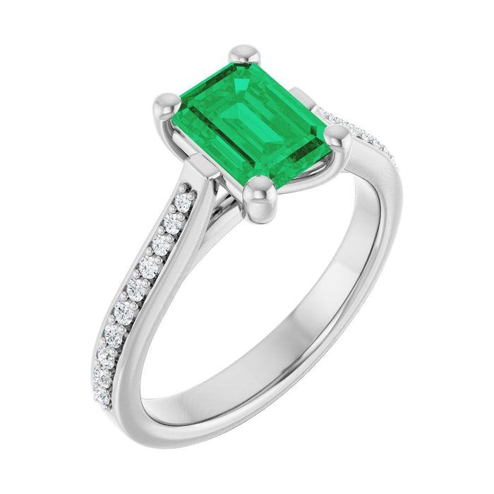 Emerald 1 ct emerald 14K White Gold french pavé solitaire engagement ring