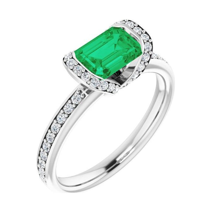 Emerald 1 ct emerald 14K White Gold half-bezel halo engagement ring