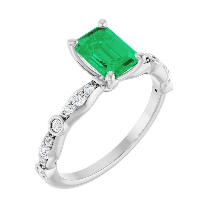 Emerald 1 ct emerald 14K White Gold petite vintage milgrain engagement ring