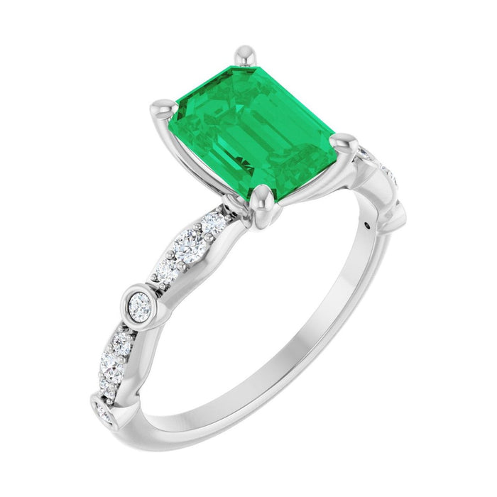 Emerald 1 ct emerald 14K White Gold petite vintage milgrain engagement ring