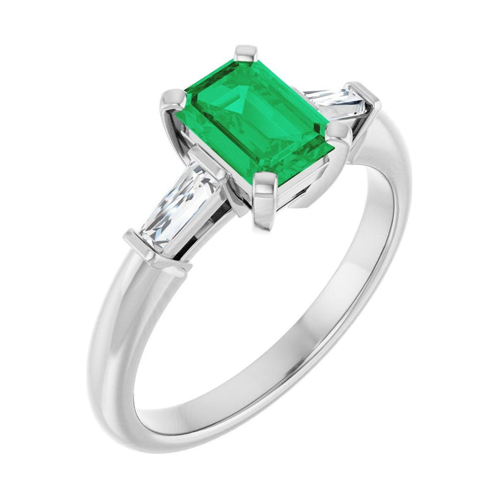 Emerald 1 ct emerald 14K White Gold tapered baguette three-stone engagement ring