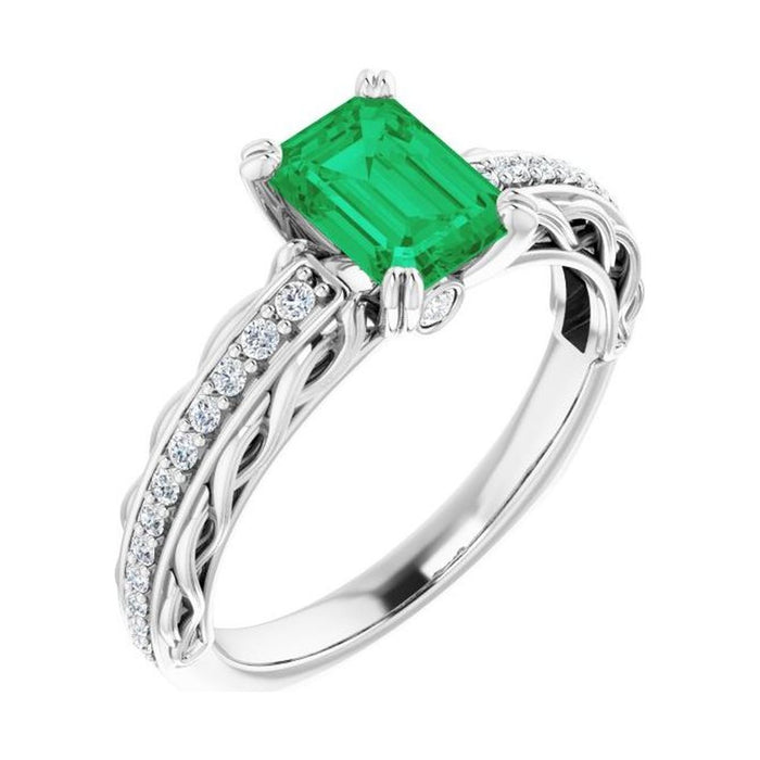 Emerald 1 ct emerald 14K White Gold twisted vine solitaire engagement ring
