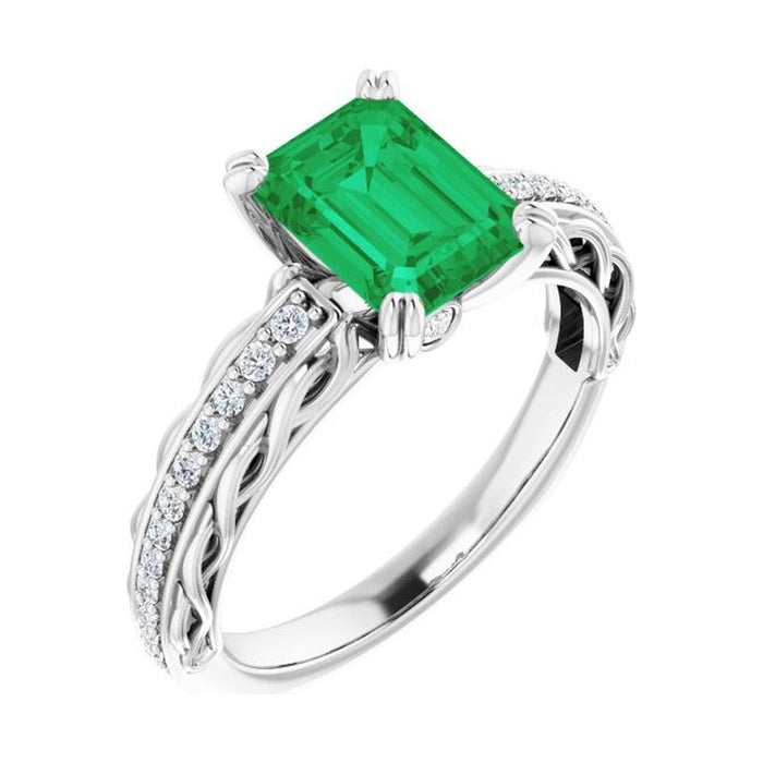 Emerald 1 ct emerald 14K White Gold twisted vine solitaire engagement ring