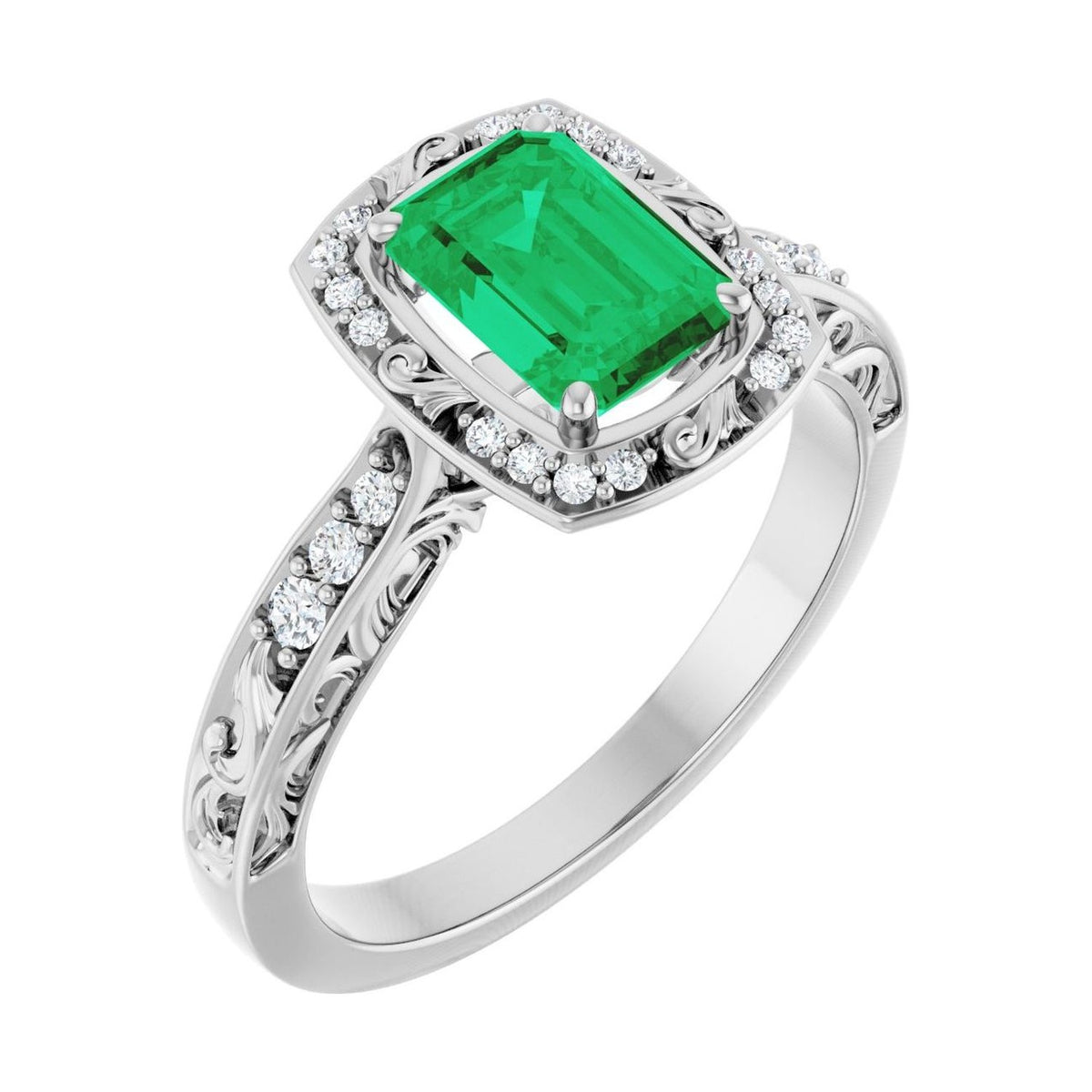Emerald 1 ct emerald 14K White Gold vintage scroll halo engagement ring