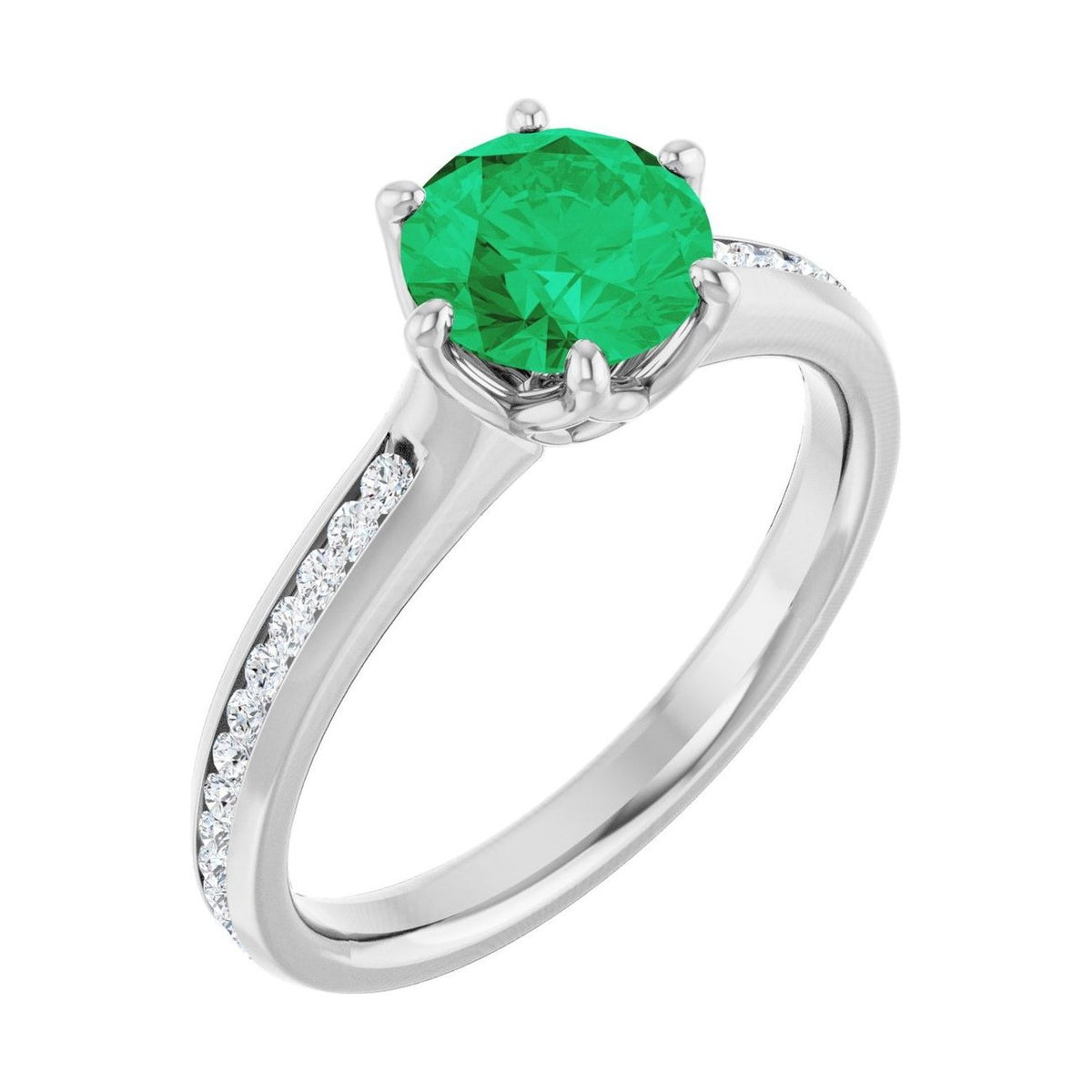 Round 1 ct emerald 14K White Gold accented shoulder engagement ring