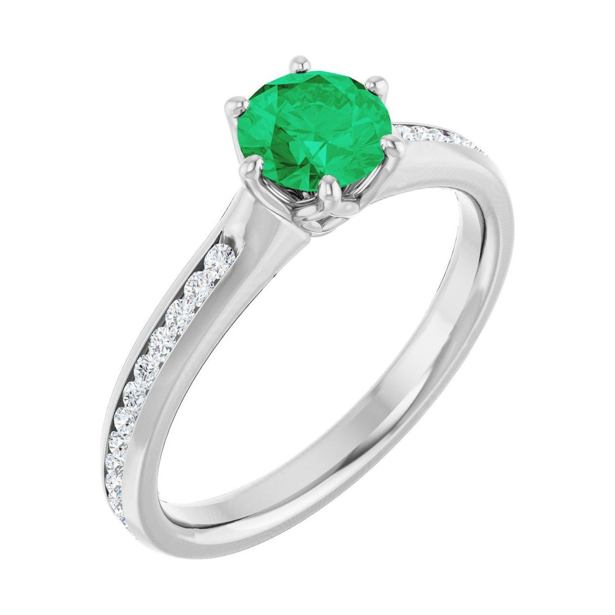 Round 1 ct emerald 14K White Gold accented shoulder engagement ring