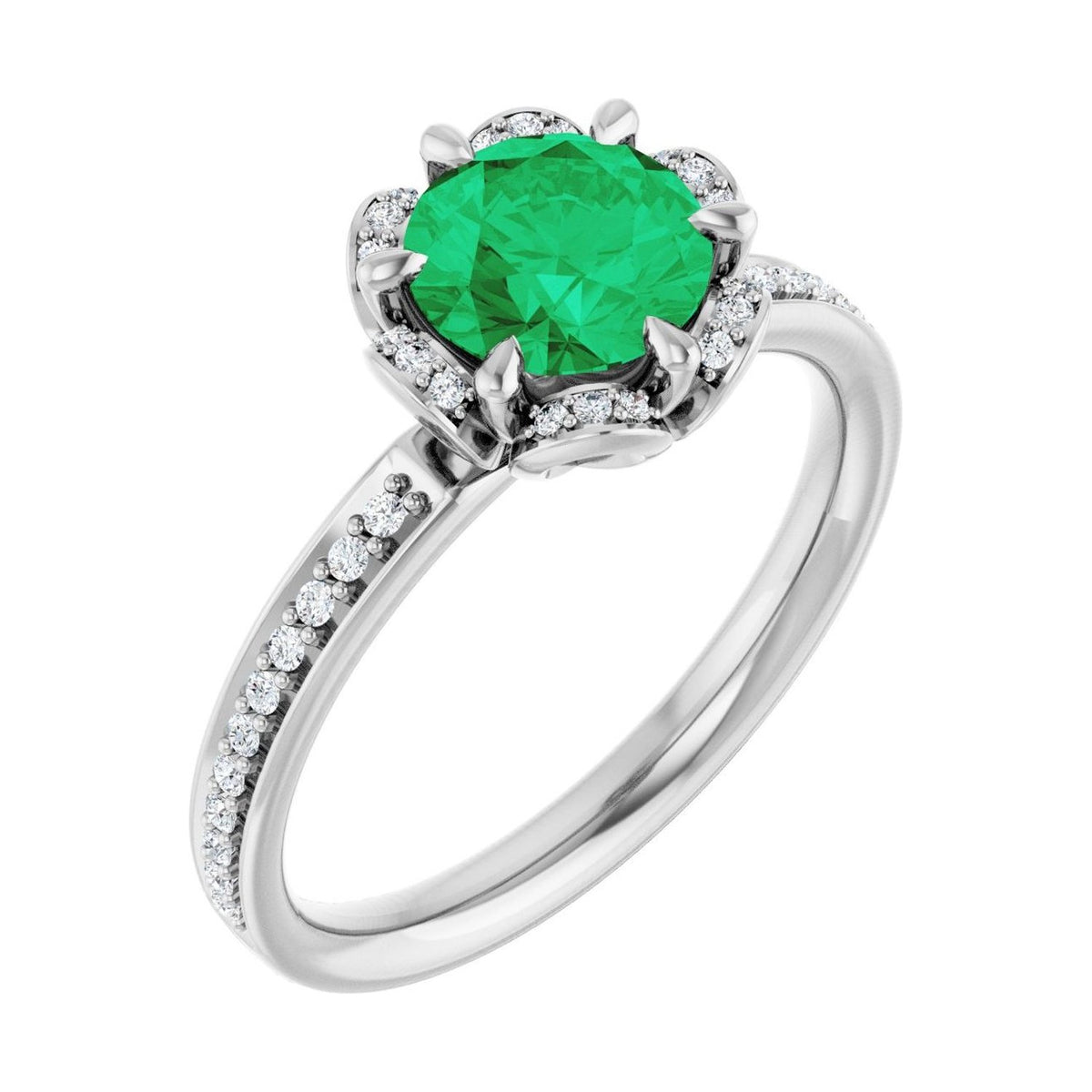Round 1 ct emerald 14K White Gold petite pavé halo engagement ring