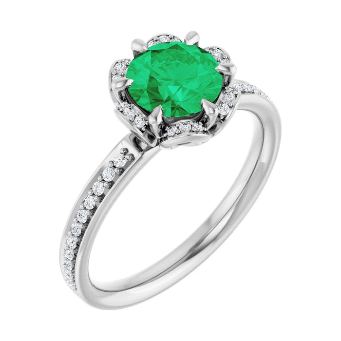 Round 1 ct emerald 14K White Gold petite pavé halo engagement ring