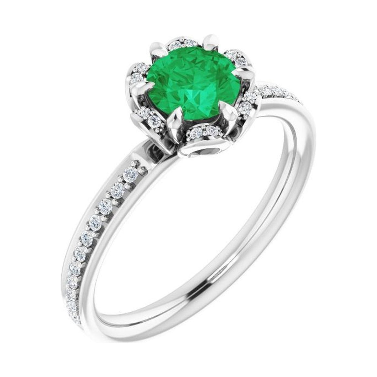 Round 1 ct emerald 14K White Gold petite pavé halo engagement ring