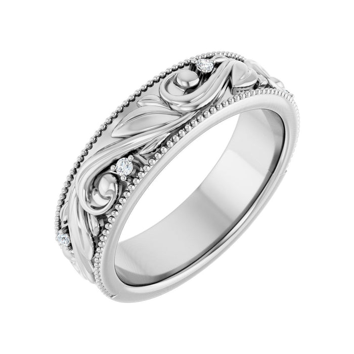 Engraved Milgrain Diamond Men's Wedding Band in White Gold