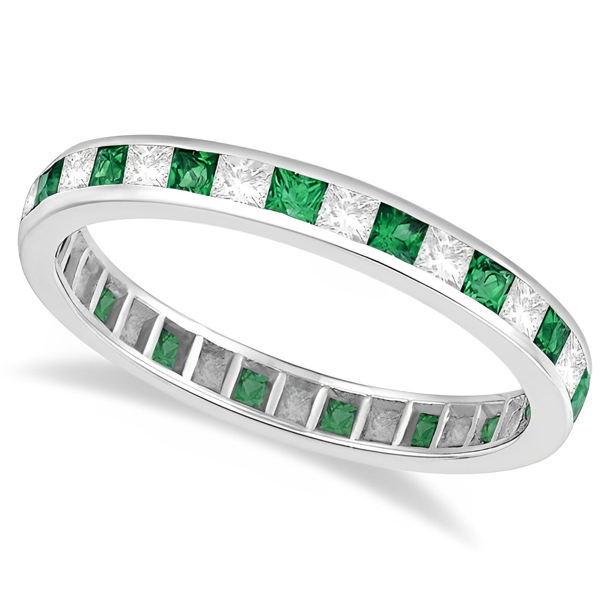 eternity Princess-Cut Diamond & emerald Ring 14k White Gold (1.26ct) Top View