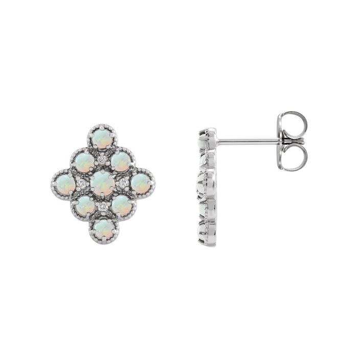 14K White Gold Ethiopian opal and diamond geometric cluster stud earrings