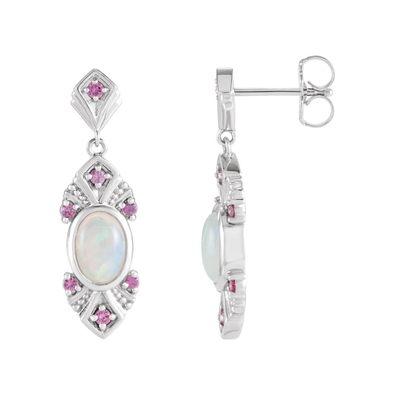 14K White Gold Ethiopian opal and pink sapphire drop earrings