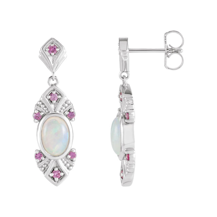 14K White Gold Ethiopian opal and pink sapphire drop earrings