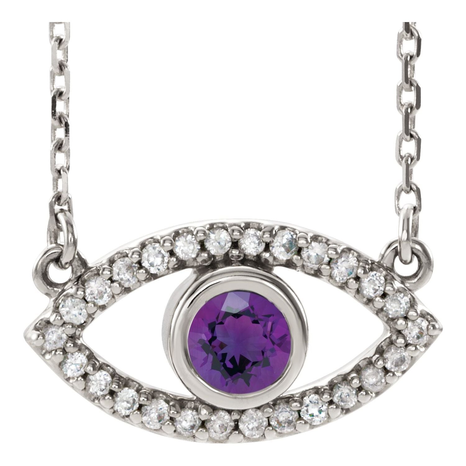 Amethyst and white sapphire evil eye necklace in 14K white gold