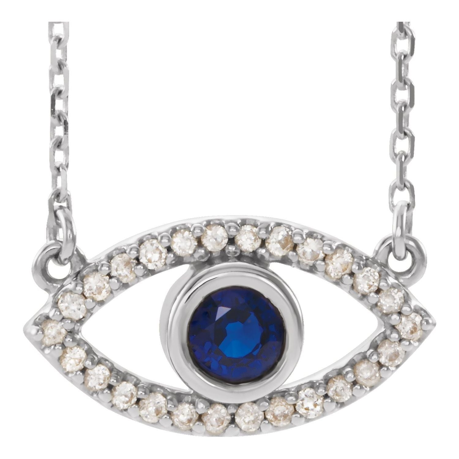 14K White Gold natural blue sapphire bezel-set evil eye pendant with pave sapphire surround