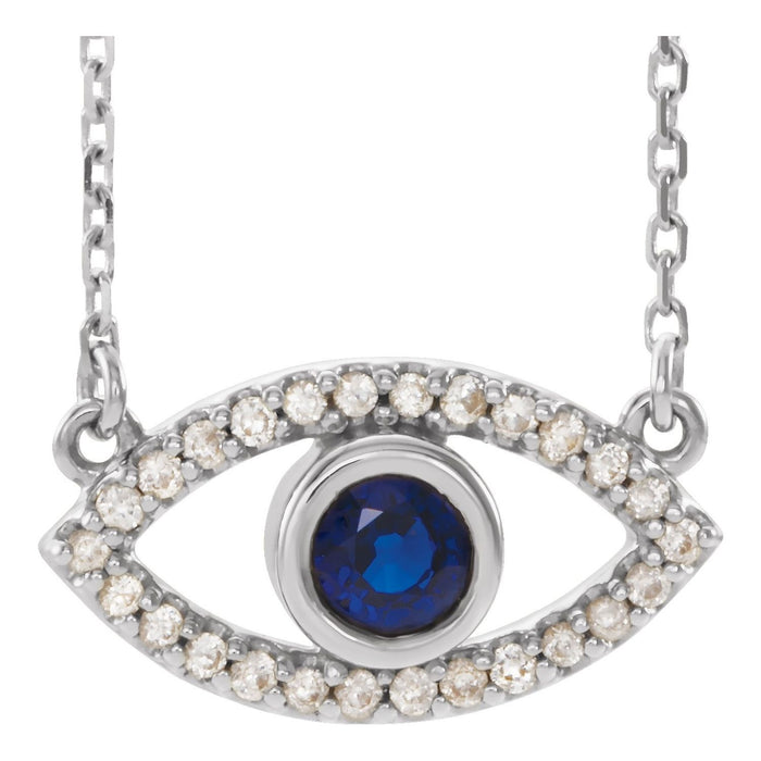 14K White Gold natural blue sapphire bezel-set evil eye pendant with pave sapphire surround